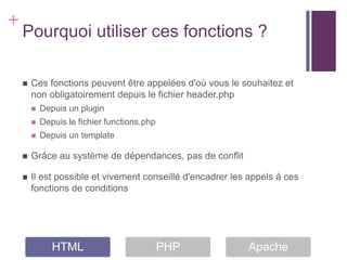 +
    Pourquoi utiliser ces fonctions ?

       Ces fonctions peuvent être appelées d'où vous le souhaitez et
        non obligatoirement depuis le fichier header.php
           Depuis un plugin
           Depuis le fichier functions.php
           Depuis un template

       Grâce au système de dépendances, pas de conflit

       Il est possible et vivement conseillé d'encadrer les appels à ces
        fonctions de conditions




               HTML                           PHP           Apache
 