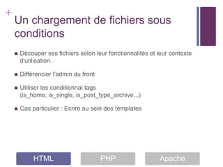 +
    Un chargement de fichiers sous
    conditions
       Découper ses fichiers selon leur fonctionnalités et leur contexte
        d'utilisation.

       Différencier l'admin du front

       Utiliser les conditionnal tags
        (is_home, is_single, is_post_type_archive...)

       Cas particulier : Ecrire au sein des templates




             HTML                       PHP                 Apache
 