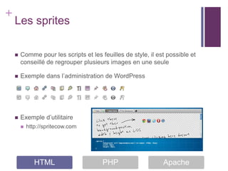 +
    Les sprites

       Comme pour les scripts et les feuilles de style, il est possible et
        conseillé de regrouper plusieurs images en une seule

       Exemple dans l’administration de WordPress




       Exemple d’utilitaire
           http://spritecow.com




               HTML                    PHP                    Apache
 
