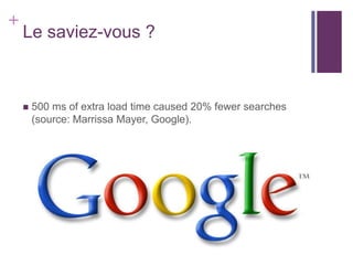 +
    Le saviez-vous ?



       500 ms of extra load time caused 20% fewer searches
        (source: Marrissa Mayer, Google).
 