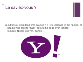 +
    Le saviez-vous ?



       400 ms of extra load time caused a 5–9% increase in the number of
        people who clicked “back” before the page even loaded
        (source: Nicole Sullivan, Yahoo!).
 