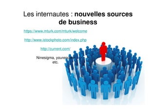 Les internautes : nouvelles sources
            de business
https://www.mturk.com/mturk/welcome

http://www.istockphoto.com/index.php

         http://current.com/

      Ninesigma, yourencore
              etc.
 