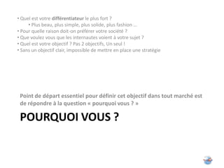 • Quel est votre différentiateur le plus fort ?
     • Plus beau, plus simple, plus solide, plus fashion …
• Pour quelle raison doit-on préférer votre société ?
• Que voulez vous que les internautes voient à votre sujet ?
• Quel est votre objectif ? Pas 2 objectifs, Un seul !
• Sans un objectif clair, impossible de mettre en place une stratégie




 Point de départ essentiel pour définir cet objectif dans tout marché est
 de répondre à la question « pourquoi vous ? »

 POURQUOI VOUS ?
 