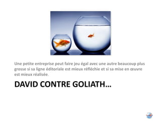 Une petite entreprise peut faire jeu égal avec une autre beaucoup plus
grosse si sa ligne éditoriale est mieux réfléchie et si sa mise en œuvre
est mieux réalisée.

DAVID CONTRE GOLIATH…
 