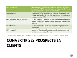 Lead Intelligence                   Quelles pages vos prospects visualisent quand ils reviennent
                                    sur vote site ? Mettez en place des scores pour tous les leads
                                    générés de manière à savoir qui recontacter…
Segment Leads                       Les prospects sont segmentés sur bases des informations que
                                    vous avez collectées sur eux. Cela vous permet de les contacter
                                    avec un message ciblé.
Lead Nurturing : mise en couveuse   Le lead nurtering s’intéresse aux prospects en amont de cycles
                                    d’achat longs ou aux prospects ayant des projets éloignés dans
                                    le temps
Email Marketing                     Envoyez de manière ponctuelle un email ciblé/personnalisé à
                                    vos contacts
CRM Integration                     Mettez en place un système de gestion de relation client pour
                                    améliorer vos processus de vente

Les outils E-CRM peuvent vous aider à effectuer ses tâches laborieuses…

CONVERTIR SES PROSPECTS EN
CLIENTS
 