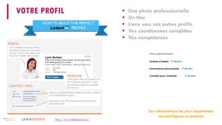 VOTRE PROFIL 
 
Une photo professionnelle 
 
Un titre 
 
Liens vers vos autres profils 
 
Vos coordonnées complètes 
 
Vos compétences 
http://www.linkhumans.fr/ 
Les informations les plus importantes doivent figurer en premier  
