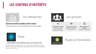 LES CENTRES D’INTÉRÊTS 
Les entreprises 
Les groupes 
Pulse 
L'actualité et les articles que vous devez lire 
Études et formations  