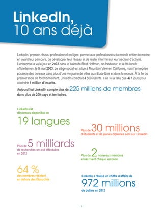 LinkedIn,
10 ans déjà
LinkedIn, premier réseau professionnel en ligne, permet aux professionnels du monde entier de mettre
en avant leur parcours, de développer leur réseau et de rester informé sur leur secteur d’activité.
L’entreprise a vu le jour en 2002 dans le salon de Reid Hoffman, co-fondateur, et a été lancé
officiellement le 5 mai 2003. Le siège social est situé à Mountain View en Californie, mais l’entreprise
possède des bureaux dans plus d’une vingtaine de villes aux Etats-Unis et dans le monde. À la fin du
premier mois de fonctionnement, LinkedIn comptait 4 500 inscrits. Il ne lui a fallu que 477 jours pour
atteindre 1 million d’inscrits.
Aujourd’hui LinkedIn compte plus de 225 millions de membres
dans plus de 200 pays et territoires.
64 %des membres résident
en dehors des États-Unis
Plus de 5 milliardsde recherches ont été effectuées
en 2012
LinkedIn est
désormais disponible en
19 langues
Plus de 30 millionsd’étudiants et de jeunes diplômés sont sur LinkedIn
LinkedIn a réalisé un chiffre d’affaire de
972 millionsde dollars en 2012
Plus de 2nouveaux membres
s’inscrivent chaque seconde
1
 