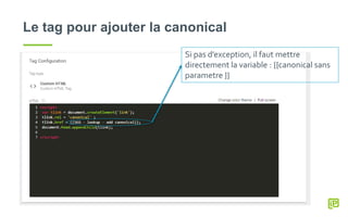 Le tag pour ajouter la canonical
Si pas d’exception, il faut mettre
directement la variable : {{canonical sans
parametre }}
 