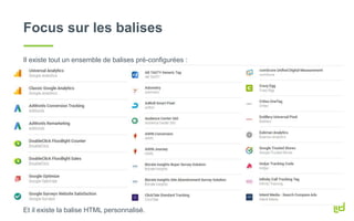 Focus sur les balises
Il existe tout un ensemble de balises pré-configurées :
Et il existe la balise HTML personnalisé.
 