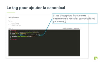 Le tag pour ajouter la canonical
Si pas d’exception, il faut mettre
directement la variable : {{canonical sans
parametre }}
 