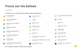 Focus sur les balises
Il existe tout un ensemble de balises pré-configurées :
Et il existe la balise HTML personnalisé.
 