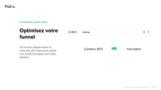 Hissez-haut vos projets digitaux! - ©2020
Optimisez votre
funnel
OPTIMISER SES LANDING PAGES
InscriptionContenu SEO
Un funnel adapté selon la
maturité de l’internaute grâce
aux outils d’analyse (voir slide
dédiée)
 