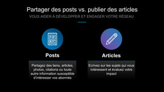 Partager des posts vs. publier des articles
VOUS AIDER À DÉVELOPPER ET ENGAGER VOTRE RÉSEAU
Partagez des liens, articles,
photos, citations ou toute
autre information susceptible
d’intéresser vos abonnés
Posts
Ecrivez sur les sujets qui vous
intéressent et évaluez votre
impact
Articles
 