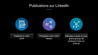 Publications sur LinkedIn
Intégrées à votre
profil
Partagées avec votre
réseau
Diffusées auprès du plus
grand groupe de
professionnels sur
Internet
 