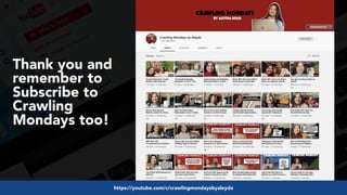#videoseo at #optimisey by @aleyda from @oraintihttps://youtube.com/c/crawlingmondaysbyaleyda
Thank you and
remember to
Subscribe to
Crawling
Mondays too!
 