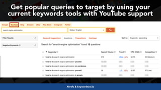 #videoseo at #optimisey by @aleyda from @oraintiAhrefs & keywordtool.io
Get popular queries to target by using your
current keywords tools with YouTube support
 