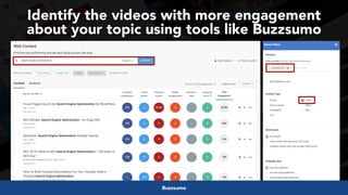 #videoseo at #optimisey by @aleyda from @oraintiBuzzsumo
Identify the videos with more engagement  
about your topic using tools like Buzzsumo
 