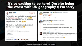 #videoseo at #optimisey by @aleyda from @orainti
It’s so exciting to be here! Despite being  
the worst with UK geography :( I’m sorry
 