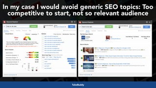 #videoseo at #optimisey by @aleyda from @oraintiTubeBuddy
In my case I would avoid generic SEO topics: Too
competitive to start, not so relevant audience
 