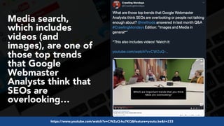 #videoseo at #optimisey by @aleyda from @orainti
Media search,
which includes
videos (and
images), are one of
those top trends
that Google
Webmaster
Analysts think that
SEOs are
overlooking…
https://www.youtube.com/watch?v=CWZuQ-hu7KQ&feature=youtu.be&t=233
 