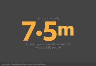 7.5m
During June 2013
Australians accessed the internet
via a mobile phone
Source: ACMA - Australia’s mobile digital economy - http://bit.ly/ND6va9
 