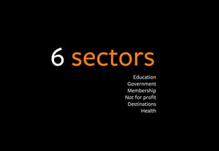 6 sectorsEducation
Government
Membership
Not for proﬁt
Destinations
Health
 