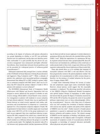 EuroIntervention
2021;16:
e
1470-
e
1483
e1479
Optimising physiological endpoints of PCI
according to the degree of ischaemia with patients allocated to
two groups depending on whether or not PCI was performed.
Patients were not randomised, and the data were therefore poten-
tially confounded. It is quite possible that the drivers for con-
servative management were unmeasured and highly influential.
Nevertheless, these limited data informed clinical guidelines and
set the precedent for widespread practice of ischaemia-guided
revascularisation1,48
.
Subsequent randomised data emerged from a nuclear substudy
of the COURAGE (Clinical Outcomes Utilising Revascularisation
and Aggressive Drug Evaluation) trial49,50
. While a substudy of
patients who underwent serial myocardial perfusion scintigraphy
demonstrated that adding PCI to OMT resulted in greater reduc-
tion in ischaemia compared with OMT alone50
, there was no evi-
dence that PCI reduced the primary endpoint of death or MI in
patients with moderate to severe ischaemia49
.
The ISCHEMIA (International Study of Comparative Health
Effectiveness with Medical and Invasive Approaches) trial was
designed to answer definitively the question of whether an early
invasive strategy offered additive clinical benefit versus conserva-
tive management in patients with moderate to severe ischaemia
for hard clinical endpoints2
. Overall, there was no significant dif-
ference between an initial invasive approach with cardiac cath-
eterisation and revascularisation in comparison to a conservative
approach for a five-component composite endpoint of death, MI,
hospitalisation for heart failure or unstable angina and resuscitated
cardiac arrest (HR 0.93, p=0.34). In the group randomised to an
early invasive approach, there was a significant reduction in spon-
taneous MI when compared to the control arm, a benefit that was
offset by a significant increase in the risk of periprocedural MI
which resulted in no difference between the groups in overall MI
or cardiovascular death. This highlights the potential trade-off in
risk between early (periprocedural) and late (spontaneous) MI that
may be observed with an invasive approach. A similar reduction in
spontaneous MI was also observed in the extended follow-up of the
FAME 2 trial12
. While the implications of a spontaneous MI may
be of greater clinical relevance than a periprocedural MI, these dif-
ferences have not translated into a difference in the overall rates of
cardiovascular death in those trials. Longer-term follow-up will be
required to understand the clinical implications of these results fully.
These data should allow us to be confident that treatment of
myocardial ischaemia with OMT is safe and effective. PCI has
been prognostically neutral in the patient populations studied. The
principal driver for revascularisation in stable coronary disease is,
therefore, not the presence of residual ischaemia but the persis-
tence of angina, despite OMT.
A simple linear relationship between the severity of ischae-
mia and symptomatic angina again seems scientifically logical.
However, clinical practice would suggest that this reasonable
assumption is misplaced. The physiology-stratified sub-analysis
of the ORBITA (Objective Randomised Blinded Investigation
with optimal medical Therapy of Angioplasty in stable angina)
trial showed that the greater the degree of ischaemia measured by
FFR and the iFR at baseline, the greater the extent of myocardial
perfusion improvement seen on stress echocardiography follow-
ing revascularisation51
. However, while these tests of ischaemia
were very well correlated, the correlation of baseline ischaemia
with exercise time and the symptom and quality-of-life endpoints
of ORBITA were less clear51
. Further research in broader patient
populations is required to understand more fully the relationship
between ischaemia and symptom severity. The clearest message
of ORBITA was the importance of blinding, with placebo control,
when symptoms are the endpoint under investigation. Unblinded
assessments of symptoms in trials of revascularisation should be
disregarded, as knowledge of treatment allocation profoundly
affects physician and patient reporting10
.
PCI complete
Satisfactory angiographic appearance
Abnormal physiology
Normal physiology
Diffuse disease only
Consider defining mechanism
Consider further intervention
Further PCI Post-dilation
Treatment complete
Treatment complete
NHPR pullback ±
co-registration
Re-assess post-
PCI physiology
Intravascular imaging
IVUS / OCT
Assessment of post-PCI physiological
result (FFR or NHPR)
Central illustration. Proposed potential algorithm for post-PCI physiological assessment and treatment.
 