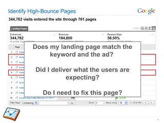 Identify High-Bounce Pages Does my landing page match the keyword and the ad?  Did I deliver what the users are expecting? Do I need to fix this page? 