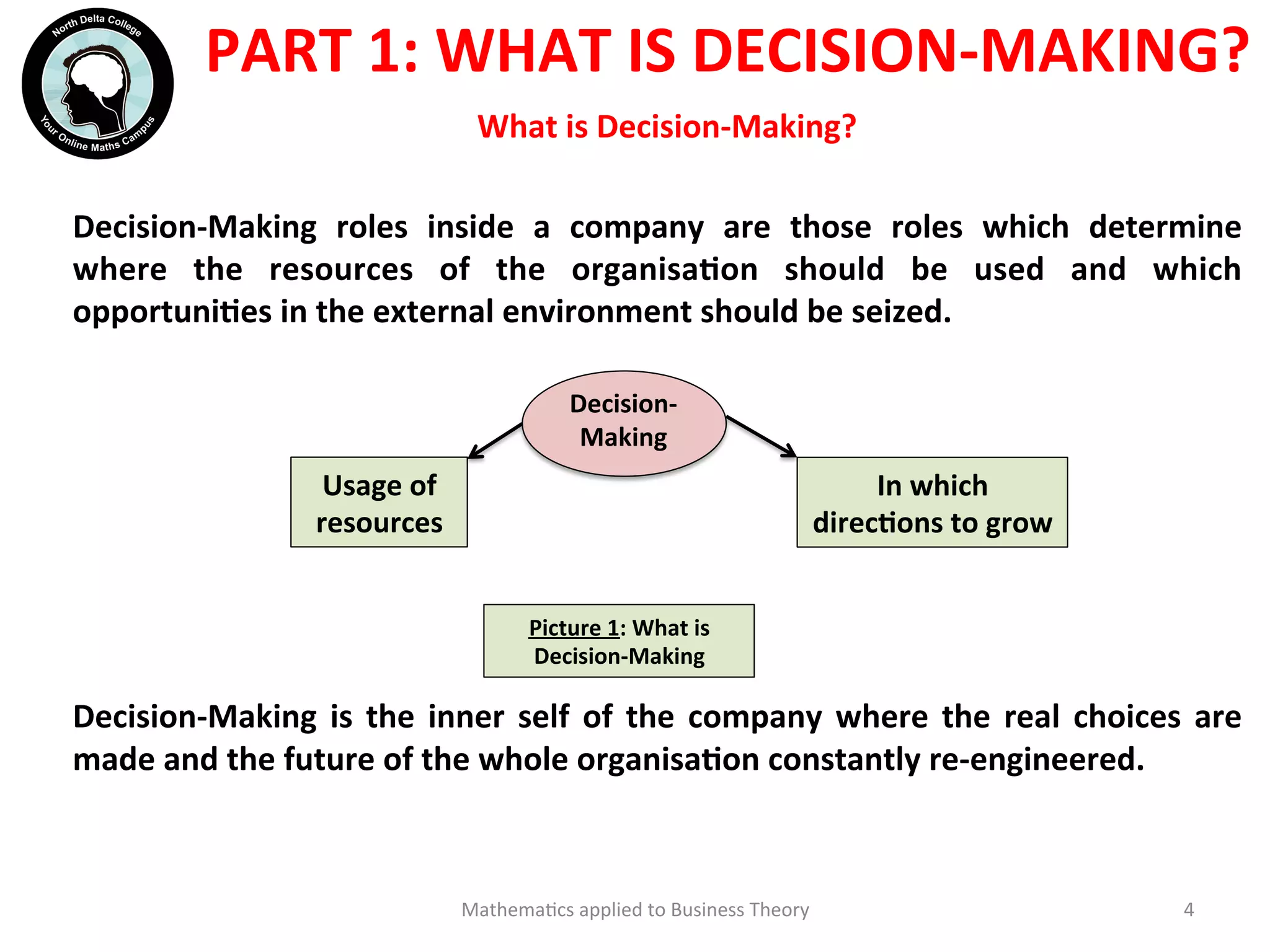 PART	
  1:	
  WHAT	
  IS	
  DECISION-­‐MAKING?	
  	
  
	
  
Decision-­‐Making	
   roles	
   inside	
   a	
   company	
   are	
   those	
   roles	
   which	
   determine	
  
where	
   the	
   resources	
   of	
   the	
   organisaOon	
   should	
   be	
   used	
   and	
   which	
  
opportuniOes	
  in	
  the	
  external	
  environment	
  should	
  be	
  seized.	
  
	
  
	
  
	
  
	
  
	
  
	
  
	
  
Decision-­‐Making	
  is	
  the	
  inner	
  self	
  of	
  the	
  company	
  where	
  the	
  real	
  choices	
  are	
  
made	
  and	
  the	
  future	
  of	
  the	
  whole	
  organisaOon	
  constantly	
  re-­‐engineered.	
  
Mathema'cs	
  applied	
  to	
  Business	
  Theory	
   4	
  
What	
  is	
  Decision-­‐Making?	
  	
  
Usage	
  of	
  
resources	
  
In	
  which	
  
direcOons	
  to	
  grow	
  
Decision-­‐
Making	
  
Picture	
  1:	
  What	
  is	
  
Decision-­‐Making	
  
 