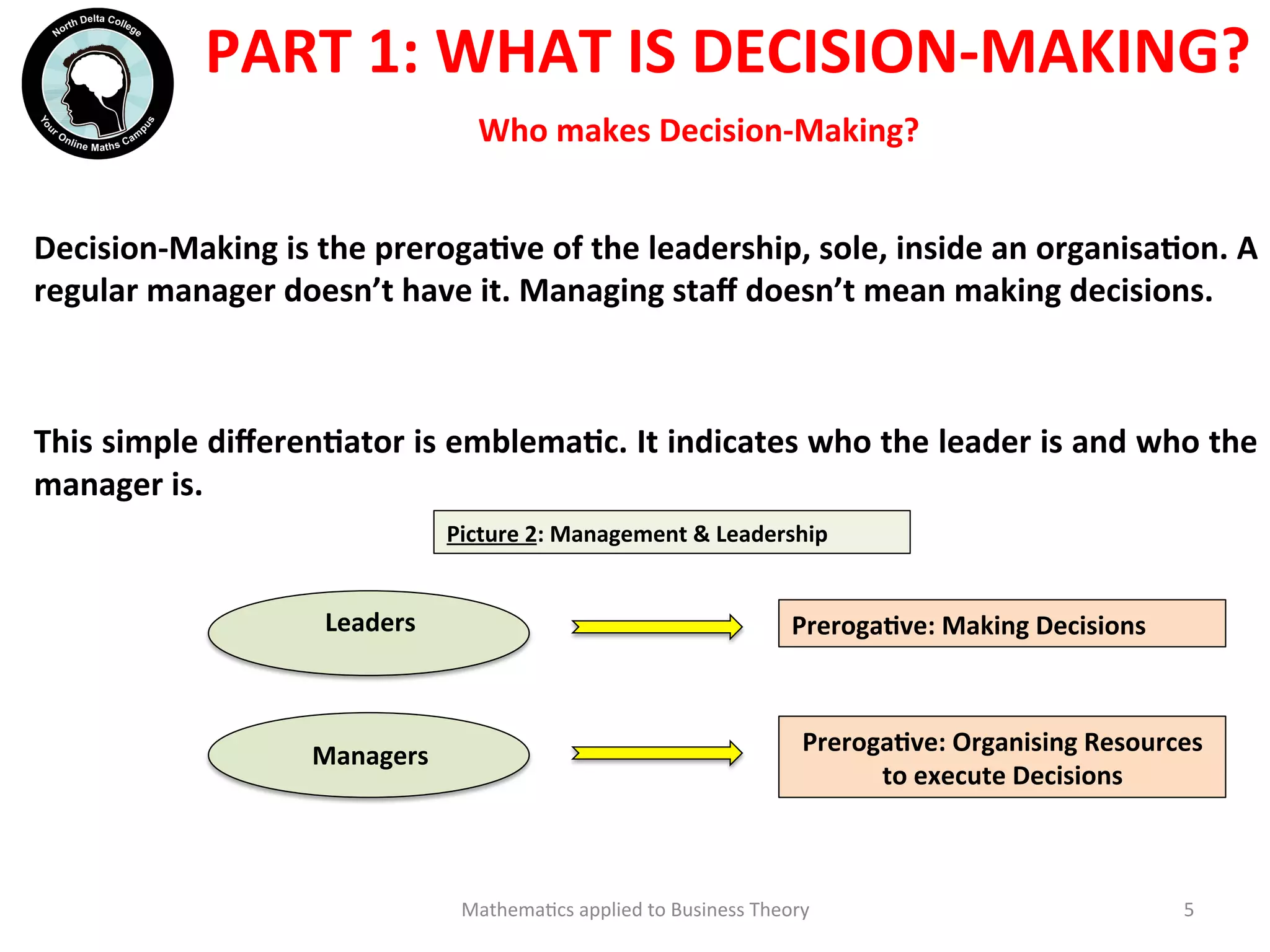 Who	
  makes	
  Decision-­‐Making?	
  
Decision-­‐Making	
  is	
  the	
  prerogaOve	
  of	
  the	
  leadership,	
  sole,	
  inside	
  an	
  organisaOon.	
  A	
  
regular	
  manager	
  doesn’t	
  have	
  it.	
  Managing	
  staﬀ	
  doesn’t	
  mean	
  making	
  decisions.	
  
	
  
	
  
This	
  simple	
  diﬀerenOator	
  is	
  emblemaOc.	
  It	
  indicates	
  who	
  the	
  leader	
  is	
  and	
  who	
  the	
  
manager	
  is.	
  	
  
	
  
	
  
Mathema'cs	
  applied	
  to	
  Business	
  Theory	
   5	
  
PART	
  1:	
  WHAT	
  IS	
  DECISION-­‐MAKING?	
  	
  
	
  
Leaders	
  
Managers	
  	
  
PrerogaOve:	
  Making	
  Decisions	
  
PrerogaOve:	
  Organising	
  Resources	
  
to	
  execute	
  Decisions	
  
Picture	
  2:	
  Management	
  &	
  Leadership	
  
 