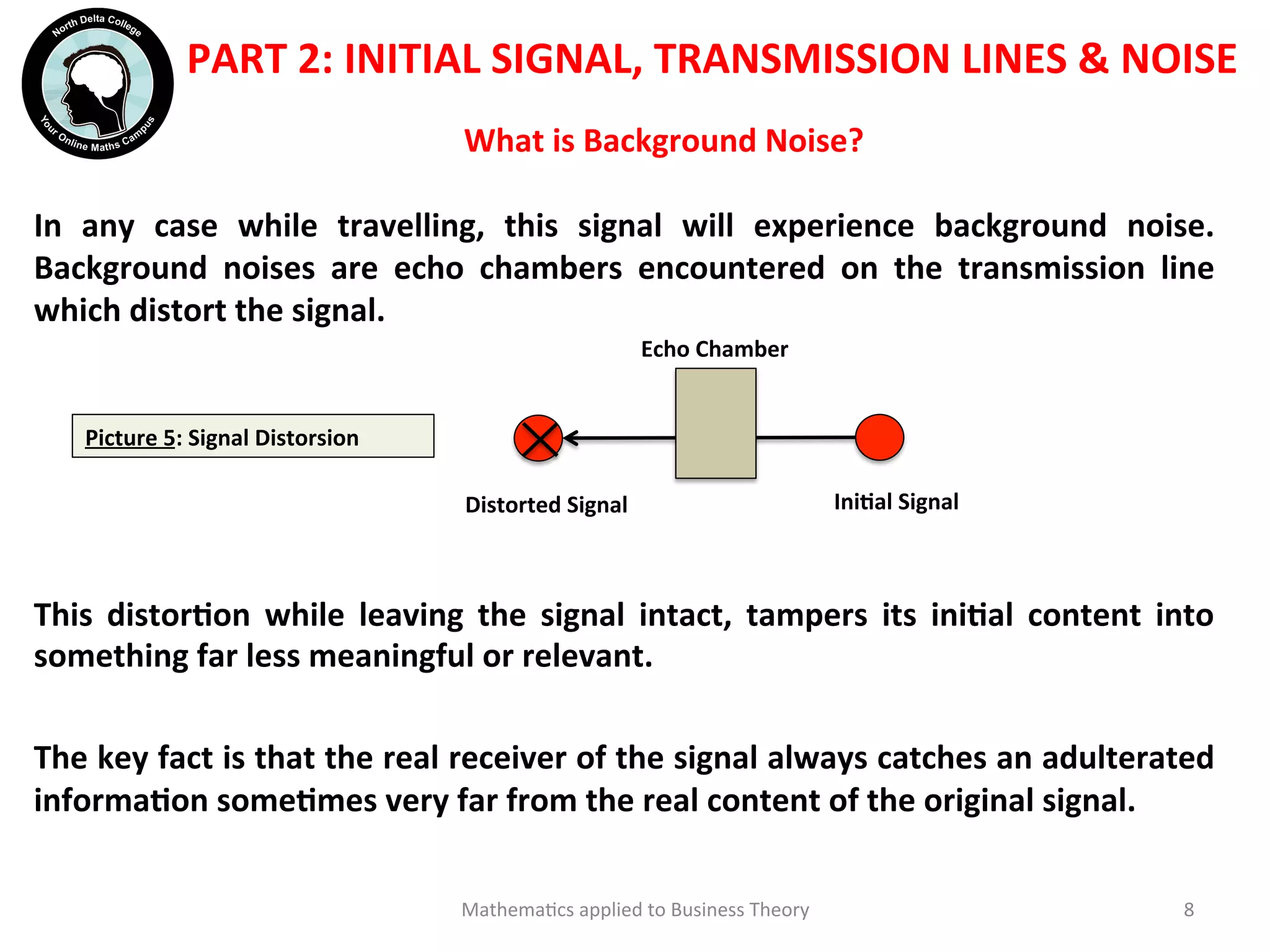 What	
  is	
  Background	
  Noise?	
  	
  	
  
In	
   any	
   case	
   while	
   travelling,	
   this	
   signal	
   will	
   experience	
   background	
   noise.	
  
Background	
   noises	
   are	
   echo	
   chambers	
   encountered	
   on	
   the	
   transmission	
   line	
  
which	
  distort	
  the	
  signal.	
  
	
  
	
  
	
  
	
  
	
  
This	
   distorOon	
   while	
   leaving	
   the	
   signal	
   intact,	
   tampers	
   its	
   iniOal	
   content	
   into	
  
something	
  far	
  less	
  meaningful	
  or	
  relevant.	
  
	
  
The	
  key	
  fact	
  is	
  that	
  the	
  real	
  receiver	
  of	
  the	
  signal	
  always	
  catches	
  an	
  adulterated	
  
informaOon	
  someOmes	
  very	
  far	
  from	
  the	
  real	
  content	
  of	
  the	
  original	
  signal.	
  	
  	
  
	
  
Mathema'cs	
  applied	
  to	
  Business	
  Theory	
   8	
  
	
  	
  
PART	
  2:	
  INITIAL	
  SIGNAL,	
  TRANSMISSION	
  LINES	
  &	
  NOISE	
  
	
  
	
  
Picture	
  5:	
  Signal	
  Distorsion	
  
IniOal	
  Signal	
  Distorted	
  Signal	
  
Echo	
  Chamber	
  
 