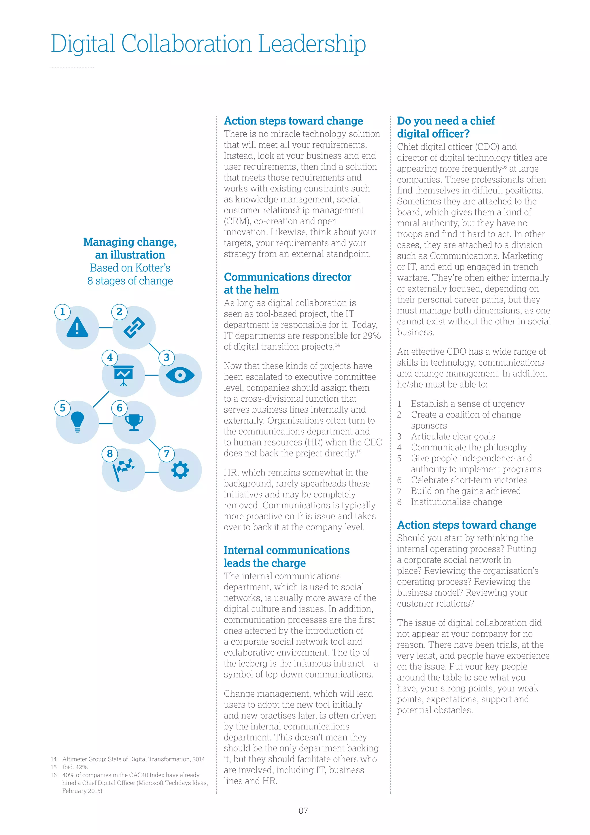 Digital Collaboration Leadership
Action steps toward change
There is no miracle technology solution
that will meet all your requirements.
Instead, look at your business and end
user requirements, then find a solution
that meets those requirements and
works with existing constraints such
as knowledge management, social
customer relationship management
(CRM), co-creation and open
innovation. Likewise, think about your
targets, your requirements and your
strategy from an external standpoint.
Communications director
at the helm
As long as digital collaboration is
seen as tool-based project, the IT
department is responsible for it. Today,
IT departments are responsible for 29%
of digital transition projects.14
Now that these kinds of projects have
been escalated to executive committee
level, companies should assign them
to a cross-divisional function that
serves business lines internally and
externally. Organisations often turn to
the communications department and
to human resources (HR) when the CEO
does not back the project directly.15
HR, which remains somewhat in the
background, rarely spearheads these
initiatives and may be completely
removed. Communications is typically
more proactive on this issue and takes
over to back it at the company level.
Internal communications
leads the charge
The internal communications
department, which is used to social
networks, is usually more aware of the
digital culture and issues. In addition,
communication processes are the first
ones affected by the introduction of
a corporate social network tool and
collaborative environment. The tip of
the iceberg is the infamous intranet – a
symbol of top-down communications.
Change management, which will lead
users to adopt the new tool initially
and new practises later, is often driven
by the internal communications
department. This doesn’t mean they
should be the only department backing
it, but they should facilitate others who
are involved, including IT, business
lines and HR.
Do you need a chief
digital officer?
Chief digital officer (CDO) and
director of digital technology titles are
appearing more frequently16
at large
companies. These professionals often
find themselves in difficult positions.
Sometimes they are attached to the
board, which gives them a kind of
moral authority, but they have no
troops and find it hard to act. In other
cases, they are attached to a division
such as Communications, Marketing
or IT, and end up engaged in trench
warfare. They’re often either internally
or externally focused, depending on
their personal career paths, but they
must manage both dimensions, as one
cannot exist without the other in social
business.
An effective CDO has a wide range of
skills in technology, communications
and change management. In addition,
he/she must be able to:
1	 Establish a sense of urgency
2	Create a coalition of change
sponsors
3	 Articulate clear goals
4	 Communicate the philosophy
5	Give people independence and
authority to implement programs
6	 Celebrate short-term victories
7	 Build on the gains achieved
8	 Institutionalise change
Action steps toward change
Should you start by rethinking the
internal operating process? Putting
a corporate social network in
place? Reviewing the organisation’s
operating process? Reviewing the
business model? Reviewing your
customer relations?
The issue of digital collaboration did
not appear at your company for no
reason. There have been trials, at the
very least, and people have experience
on the issue. Put your key people
around the table to see what you
have, your strong points, your weak
points, expectations, support and
potential obstacles.
14	 Altimeter Group: State of Digital Transformation, 2014
15	 Ibid. 42%
16	40% of companies in the CAC40 Index have already
hired a Chief Digital Officer (Microsoft Techdays Ideas,
February 2015)
Managing change,
an illustration
Based on Kotter’s
8 stages of change
1
5
4
8
2
6
3
7
07
 