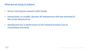 • Service chaining the network traffic locally.
• Having faster, re-useable, dynamic NF deployments with low overhead of
NFs to the infrastructure.
• Avoiding the loss in performance of the network functions due to
virtualization overhead.
What are we trying to achieve
 