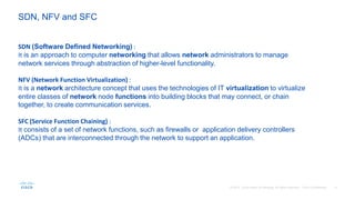SDN (Software Defined Networking) :
It is an approach to computer networking that allows network administrators to manage
network services through abstraction of higher-level functionality.
NFV (Network Function Virtualization) :
It is a network architecture concept that uses the technologies of IT virtualization to virtualize
entire classes of network node functions into building blocks that may connect, or chain
together, to create communication services.
SFC (Service Function Chaining) :
It consists of a set of network functions, such as firewalls or application delivery controllers
(ADCs) that are interconnected through the network to support an application.
SDN, NFV and SFC
 