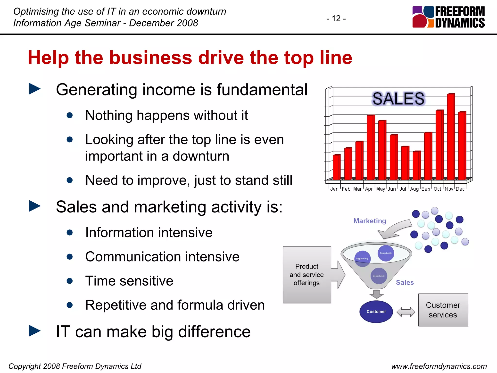 Help the business drive the top line Generating income is fundamental Nothing happens without it Looking after the top line is even important in a downturn Need to improve, just to stand still Sales and marketing activity is:  Information intensive Communication intensive Time sensitive Repetitive and formula driven IT can make big difference 