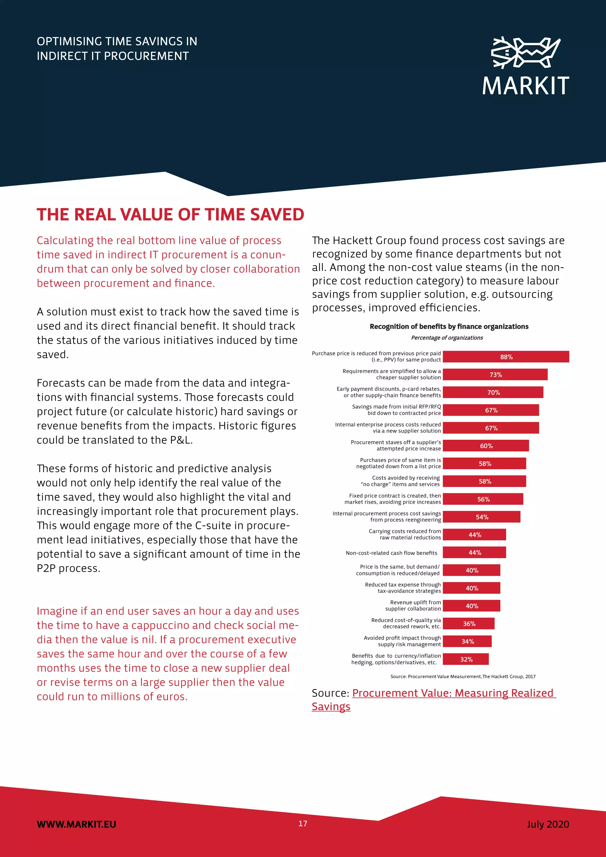July 2020WWW.MARKIT.EU 17
OPTIMISING TIME SAVINGS IN
INDIRECT IT PROCUREMENT
THE REAL VALUE OF TIME SAVED
Calculating the real bottom line value of process
time saved in indirect IT procurement is a conun-
drum that can only be solved by closer collaboration
between procurement and finance.
A solution must exist to track how the saved time is
used and its direct financial benefit. It should track
the status of the various initiatives induced by time
saved.
Forecasts can be made from the data and integra-
tions with financial systems. Those forecasts could
project future (or calculate historic) hard savings or
revenue benefits from the impacts. Historic figures
could be translated to the P&L.
These forms of historic and predictive analysis
would not only help identify the real value of the
time saved, they would also highlight the vital and
increasingly important role that procurement plays.
This would engage more of the C-suite in procure-
ment lead initiatives, especially those that have the
potential to save a significant amount of time in the
P2P process.
Imagine if an end user saves an hour a day and uses
the time to have a cappuccino and check social me-
dia then the value is nil. If a procurement executive
saves the same hour and over the course of a few
months uses the time to close a new supplier deal
or revise terms on a large supplier then the value
could run to millions of euros.
The Hackett Group found process cost savings are
recognized by some finance departments but not
all. Among the non-cost value steams (in the non-
price cost reduction category) to measure labour
savings from supplier solution, e.g. outsourcing
processes, improved efficiencies.
Source: Procurement Value: Measuring Realized
Savings
 