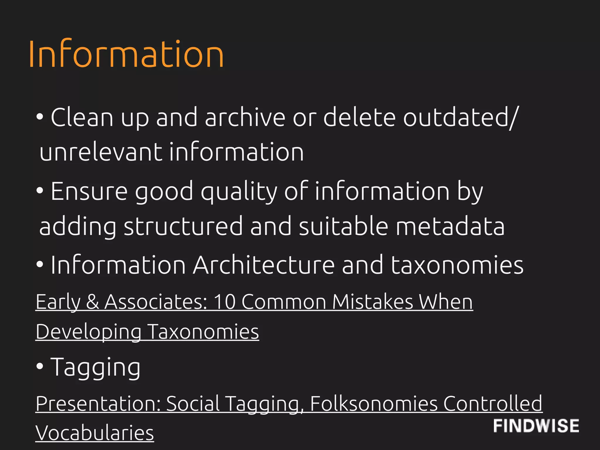Governance
• Information Quality, with KPI
• Metadata Quality, with KPI
• Information Lifecycle Management
  - Time to live for di$erent content types
  - Archive, delete or keep?
• SimCorp example
• Search Analytics on regular basis
 
