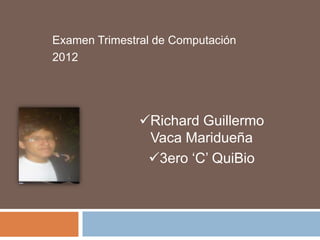 Examen Trimestral de Computación
2012




               Richard Guillermo
                Vaca Maridueña
                3ero ‘C’ QuiBio
 