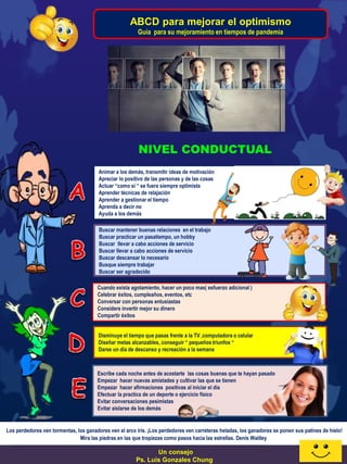 Un consejo
Ps. Luis Gonzales Chung
Animar a los demás, transmitir ideas de motivación
Apreciar lo positivo de las personas y de las cosas
Actuar “como si “ se fuera siempre optimista
Aprender técnicas de relajación
Aprender a gestionar el tiempo
Aprenda a decir no
Ayuda a los demás
Cuando exista agotamiento, hacer un poco mas( esfuerzo adicional )
Celebrar éxitos, cumpleaños, eventos, etc
Conversar con personas entusiastas
Considere invertir mejor su dinero
Compartir éxitos
Disminuye el tiempo que pasas frente a la TV ,computadora o celular
Diseñar metas alcanzables, conseguir “ pequeños triunfos “
Darse un día de descanso y recreación a la semana
Escribe cada noche antes de acostarte las cosas buenas que te hayan pasado
Empezar hacer nuevas amistades y cultivar las que se tienen
Empezar hacer afirmaciones positivas al iniciar el día
Efectuar la practica de un deporte o ejercicio físico
Evitar conversaciones pesimistas
Evitar aislarse de los demás
Buscar mantener buenas relaciones en el trabajo
Buscar practicar un pasatiempo, un hobby
Buscar llevar a cabo acciones de servicio
Buscar llevar a cabo acciones de servicio
Buscar descansar lo necesario
Busque siempre trabajar
Buscar ser agradecido
Los perdedores ven tormentas, los ganadores ven el arco iris. ¡Los perdedores ven carreteras heladas, los ganadores se ponen sus patines de hielo!
Mira las piedras en las que tropiezas como pasos hacia las estrellas. Denis Waitley
NIVEL CONDUCTUAL
ABCD para mejorar el optimismo
Guía para su mejoramiento en tiempos de pandemia
 