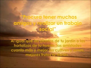 “Procura tener muchos 
amigos y realizar un trabajo 
social” 
Al igual que las plantas de tu jardín o las 
hortalizas de tu huerto, las amistades 
cuanto más y mejor las cultives y ames, 
mejores frutos te darán. 
 