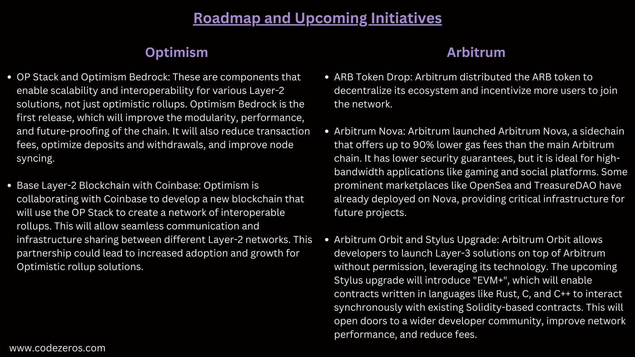 www.codezeros.com
Roadmap and Upcoming Initiatives
Optimism
OP Stack and Optimism Bedrock: These are components that
enable scalability and interoperability for various Layer-2
solutions, not just optimistic rollups. Optimism Bedrock is the
first release, which will improve the modularity, performance,
and future-proofing of the chain. It will also reduce transaction
fees, optimize deposits and withdrawals, and improve node
syncing.
Base Layer-2 Blockchain with Coinbase: Optimism is
collaborating with Coinbase to develop a new blockchain that
will use the OP Stack to create a network of interoperable
rollups. This will allow seamless communication and
infrastructure sharing between different Layer-2 networks. This
partnership could lead to increased adoption and growth for
Optimistic rollup solutions.
Arbitrum
ARB Token Drop: Arbitrum distributed the ARB token to
decentralize its ecosystem and incentivize more users to join
the network.
Arbitrum Nova: Arbitrum launched Arbitrum Nova, a sidechain
that offers up to 90% lower gas fees than the main Arbitrum
chain. It has lower security guarantees, but it is ideal for high-
bandwidth applications like gaming and social platforms. Some
prominent marketplaces like OpenSea and TreasureDAO have
already deployed on Nova, providing critical infrastructure for
future projects.
Arbitrum Orbit and Stylus Upgrade: Arbitrum Orbit allows
developers to launch Layer-3 solutions on top of Arbitrum
without permission, leveraging its technology. The upcoming
Stylus upgrade will introduce "EVM+", which will enable
contracts written in languages like Rust, C, and C++ to interact
synchronously with existing Solidity-based contracts. This will
open doors to a wider developer community, improve network
performance, and reduce fees.
 