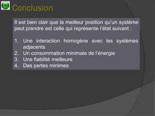 Conclusion 
Il est bien clair que la meilleur position qu’un système peut prendre est celle qui représente l’état suivant : 
1.Une interaction homogène avec les systèmes adjacents 
2.Un consommation minimale de l’énergie 
3.Une fiabilité meilleure 
4.Des pertes minimes 