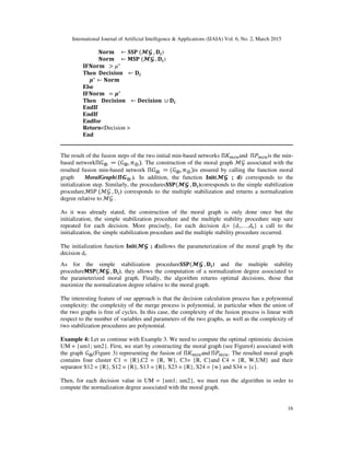 International Journal of Artificial Intelligence & Applications (IJAIA) Vol. 6, No. 2, March 2015
16
												‫				ܕܚܗۼ‬ ← ‫(	۾܁܁‬गऑ	, ۲࢏)
												‫				ܕܚܗۼ‬ ← ‫(	۾܁ۻ‬गऑ	, ۲࢏)
IF‫		ܕܚܗۼ‬ > ߤ∗
Then		۲‫			ܖܗܑܛܑ܋܍‬ ← ۲࢏
					ࣆ∗
← ‫			ܕܚܗۼ‬
Else
IF‫		ܕܚܗۼ‬ = ࣆ∗
Then				۲‫			ܖܗܑܛܑ܋܍‬ ← ۲‫	ܖܗܑܛܑ܋܍‬ ∪ ۲࢏
EndIf
EndIf
Endfor
Return<Decision >
End
The result of the fusion steps of the two initial min-based networks Π‫ܭ‬௠௜௡and 	Πܲ௠௜௡is the min-
based networkΠ‫ܩ‬⨁	 = (‫ܩ‬⨁, ߨ⊕). The construction of the moral graph ℳ࣡ associated with the
resulted fusion min-based network Π‫ܩ‬⨁	 = (‫ܩ‬⨁, ߨ⊕)is ensured by calling the function moral
graph MoralGraph(ࢰࡳ⨁	). In addition, the function Init(गऑ ; d) corresponds to the
initialization step. Similarly, the procedures‫(۾܁܁‬गऑ	, ۲࢏)corresponds to the simple stabilization
procedure,MSP	(ℳ࣡	, D௜) corresponds to the multiple stabilization and returns a normalization
degree relative to	ℳ࣡ .
As it was already stated, the construction of the moral graph is only done once but the
initialization, the simple stabilization procedure and the multiple stability procedure step sare
repeated for each decision. More precisely, for each decision di= {d1,…,dn} a call to the
initialization, the simple stabilization procedure and the multiple stability procedure occurred.
The initialization function Init(गऑ ; d)allows the parameterization of the moral graph by the
decision di.
As for the simple stabilization procedure‫(۾܁܁‬गऑ	, ۲࢏) and the multiple stability
procedure‫(۾܁ۻ‬गऑ	, ۲࢏), they allows the computation of a normalization degree associated to
the parameterized moral graph. Finally, the algorithm returns optimal decisions, those that
maximize the normalization degree relative to the moral graph.
The interesting feature of our approach is that the decision calculation process has a polynomial
complexity: the complexity of the merge process is polynomial, in particular when the union of
the two graphs is free of cycles. In this case, the complexity of the fusion process is linear with
respect to the number of variables and parameters of the two graphs, as well as the complexity of
two stabilization procedures are polynomial.
Example 4: Let us continue with Example 3. We need to compute the optimal optimistic decision
UM = {um1; um2}. First, we start by constructing the moral graph (see Figure4) associated with
the graph ‫ܩ‬⨁(Figure 3) representing the fusion of Π‫ܭ‬௠௜௡and	Πܲ௠௜௡. The resulted moral graph
contains four cluster C1 = {R},C2 = {R, W}, C3= {R, C}and C4 = {R, W,UM} and their
separator S12 = {R}, S12 = {R}, S13 = {R}, S23 = {R}, S24 = {w} and S34 = {c}.
Then, for each decision value in UM = {um1; um2}, we must run the algorithm in order to
compute the normalization degree associated with the moral graph.
 