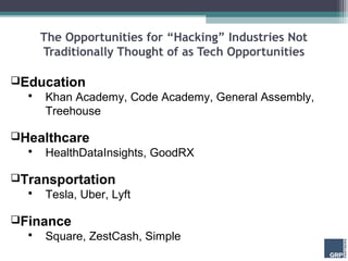 The Opportunities for “Hacking” Industries Not
      Traditionally Thought of as Tech Opportunities

Education
     Khan Academy, Code Academy, General Assembly,
      Treehouse

Healthcare
     HealthDataInsights, GoodRX

Transportation
     Tesla, Uber, Lyft

Finance
     Square, ZestCash, Simple
 
