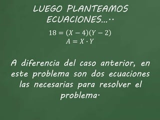 LUEGO PLANTEAMOS
ECUACIONES…..
18 = 𝑋 − 4 𝑌 − 2
𝐴 = 𝑋 ∙ 𝑌
A diferencia del caso anterior, en
este problema son dos ecuaciones
las necesarias para resolver el
problema.
 