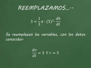 REEMPLAZAMOS…..
3 =
1
3
𝜋 ∙ (5)2
∙
𝑑ℎ
𝑑𝑡
Se reemplazan las variables, con los datos
conocidos.
𝑑𝑣
𝑑𝑡
= 3 𝑌 𝑟 = 5
 