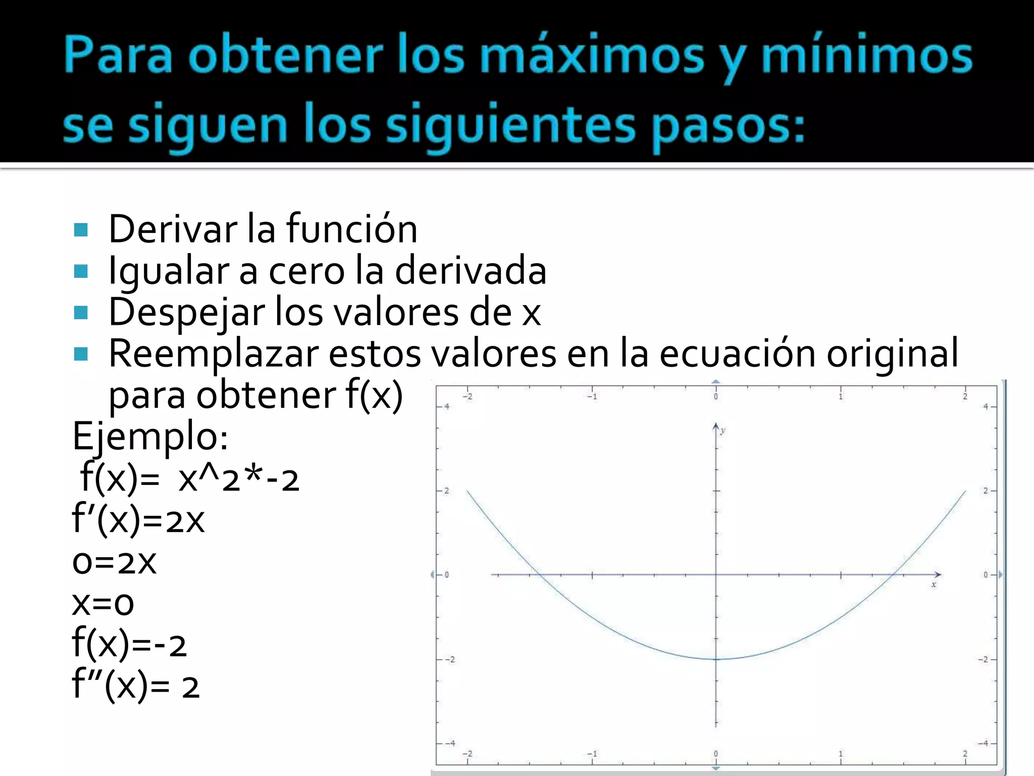   Derivar la función
  Igualar a cero la derivada
  Despejar los valores de x
  Reemplazar estos valores en la ecuación original
   para obtener f(x)
Ejemplo:
 f(x)= x^2*-2
f’(x)=2x
0=2x
x=0
f(x)=-2
f”(x)= 2
 