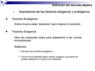 Definición del mercado objetivo Importancia de los factores exógenos y endógenos Factores Endógenos Como muevo estas “palancas” para mejorar mi posición Factores Exógenos Ejemplos de cambios endógenos Que tan preparado estoy para adaptarme a las nuevas circunstancias Reflexión: Cómo me ha afectado algún cambio exógeno y que tanto he podido adaptarme o como me ha afectado 
