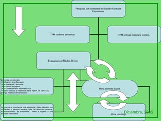 Pesquisa por profesional de Salud o Consulta Espontánea. TPM confirma asistencia TPM entrega material a medico . Evaluación por Médico 30 min. Entrevista estructurada Clasificación de la Depresión Llena receta por 5 semanas Llena cartola de Ingreso Llena Consentimiento Informado GES Traspasa Datos a la estadística diaria. Hgma, T4, TSH, EOC Entrega Tríptico sobre Depresión Informar de la importancia y de asistencia a taller educativo con un familiar o persona cercana, taller de desarrollo personal, autoconocimiento, de autoestima,  redes e ingreso a una actividad comunitaria. Hora asistente Social. Hora psicólogo. Diciembre, 2006 